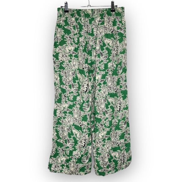 C&C California 100% Linen Green Floral Wide Leg Pants Women Size Small Lagenlook - Picture 2 of 9